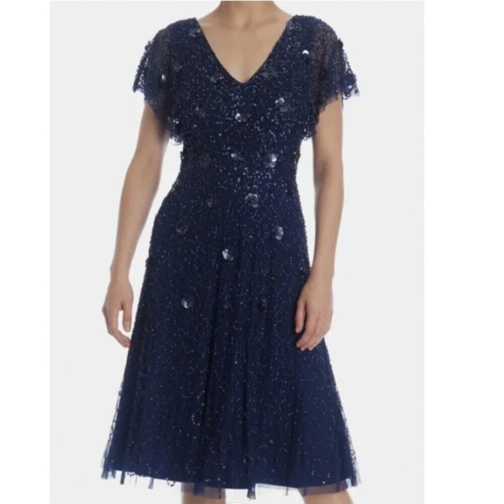 Adrianna Papell Navy Blue Floral Beaded Knee-Length Party Dress